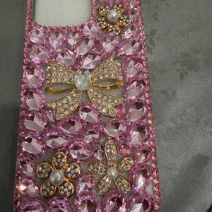 Sparkling Pink Jeweled Phone Case with Gold Bow & Floral Accents